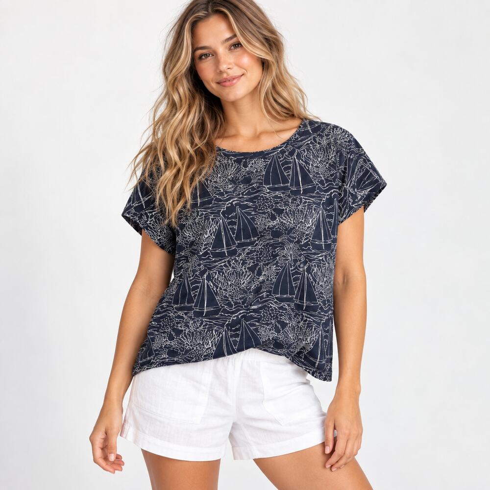 J. Jill Gauzy Short Sleeve Top Women's Size XL Boxy Navy Sailboat Coastal Casual